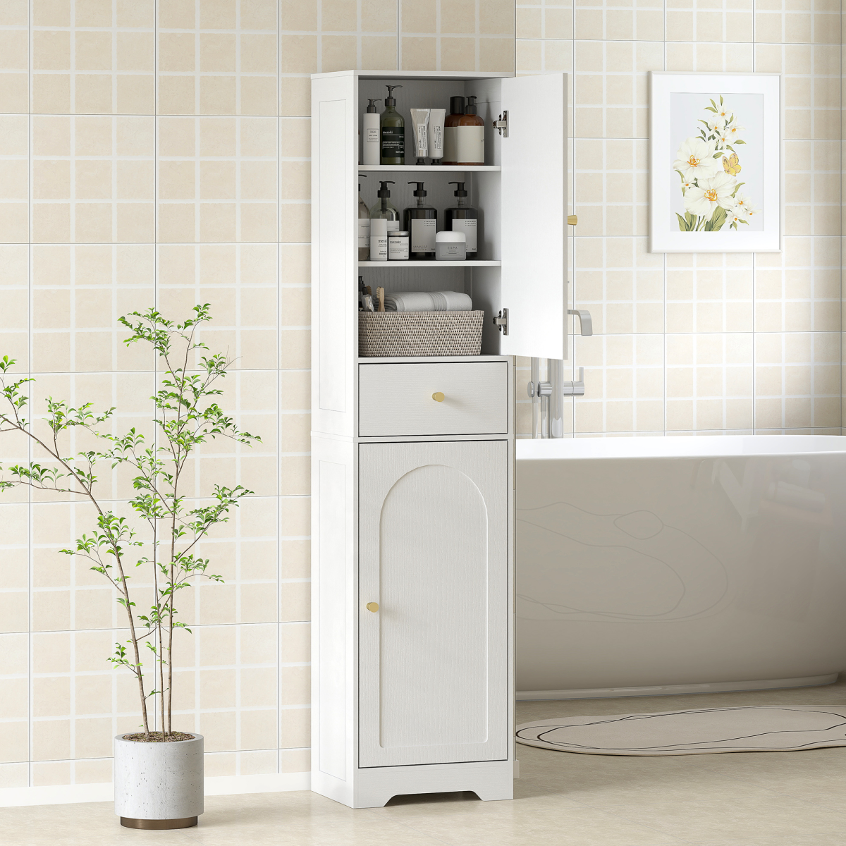 Tall Bathroom Cabinet with Arched Doors, Drawer & Adjustable Shelf – Slim Freestanding Storage Unit, White