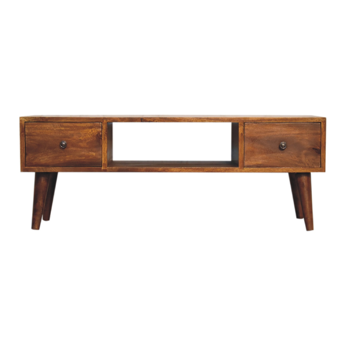 Artisan Furniture Solid Wood Classic Chestnut Coffee Table with 2 Drawers & 2 Open Slots – Dark Brown