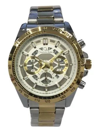 Christyan Arden Mens New FK Fashion Dated Multi White Dial Analogue 2 Tone Metal Bracelet Strap Watch