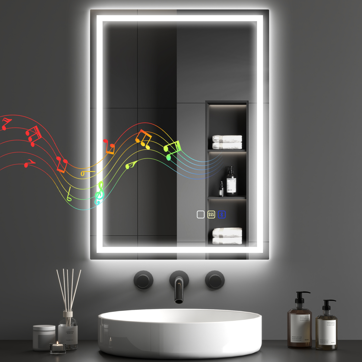 HOMCOM 70 x 50cm Bathroom Mirror with Bluetooth Speaker, LED Lights & Demister Pad – IP44, Silver Tone