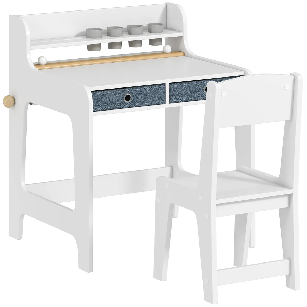 AIYAPLAY Kids Art Table and Chair Set with Storage Shelf, Drawers and Paper Roll Holder – Children's Desk, White