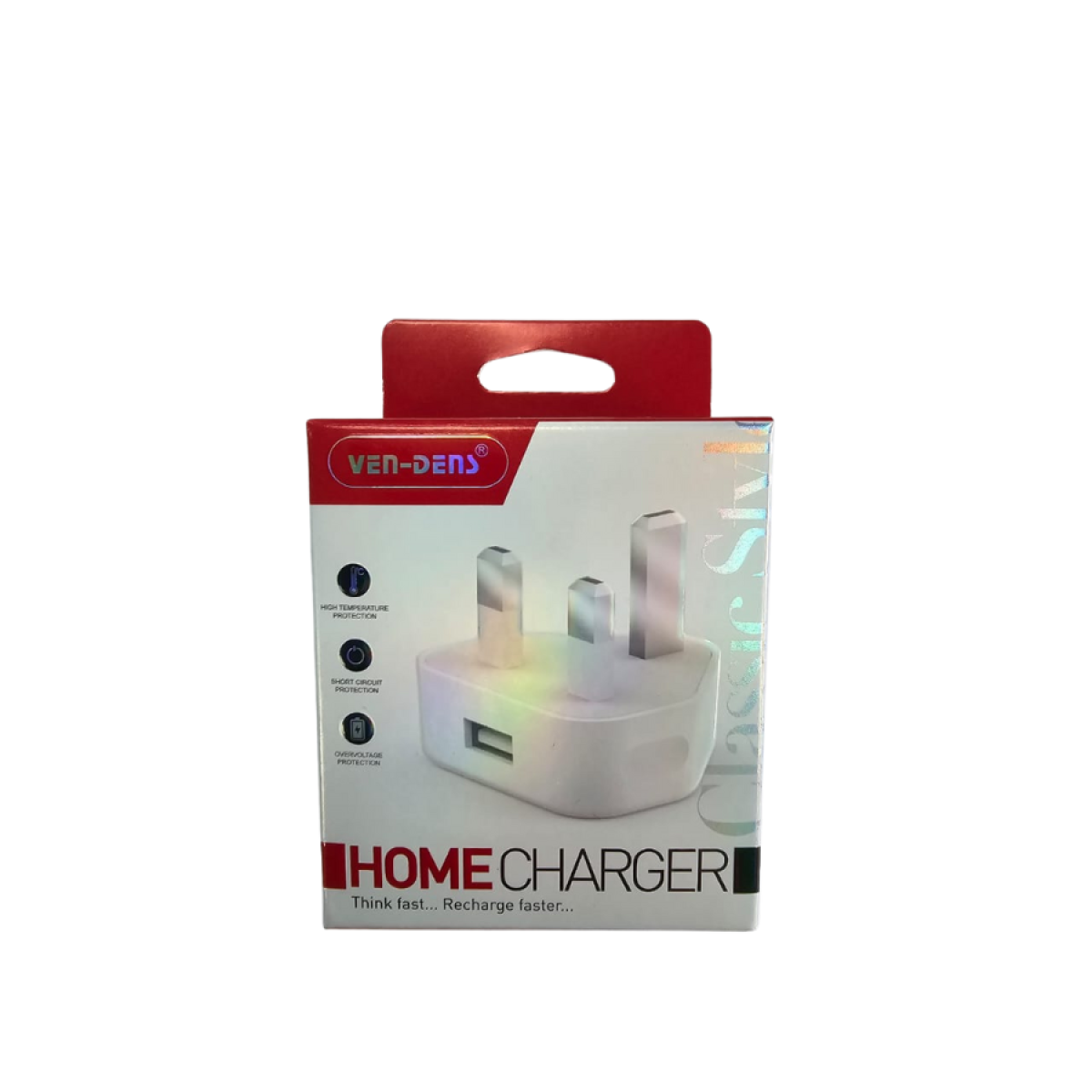 Ven-Dens 1A USB Charger – 100-240V Universal Voltage, Fire-Retardant Plastic, White & Grey
