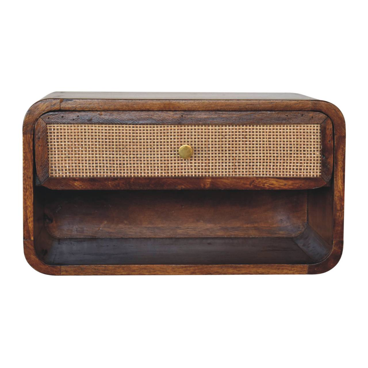 Artisan Furniture Solid Wood Chestnut Wall Mounted Woven Bedside, 1 Drawer & Shelf – Dark Brown