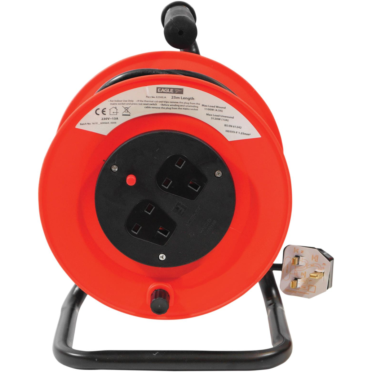 Eagle 2 Socket 25m Extension Reel with Stand and Overload Cut-Out – Carry Handle, Red and Black