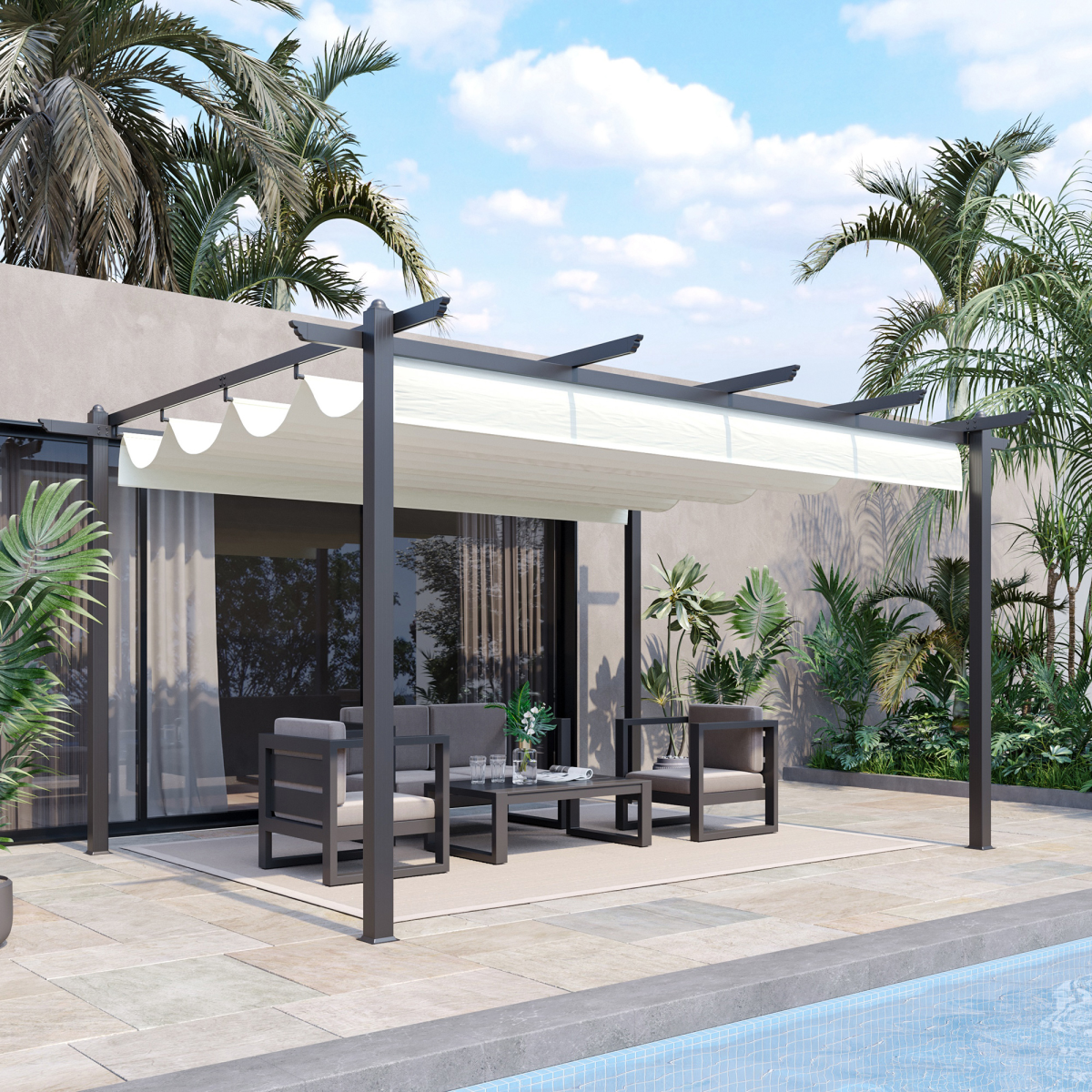 Outsunny 4x3m Aluminium Pergola Gazebo with Retractable Canopy & Ground Stakes – Garden Patio Shade, Cream White