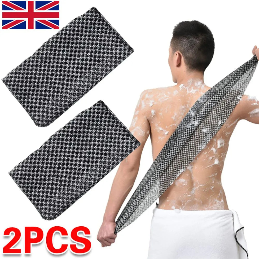Double-Sided Exfoliating Back Scrubber Bath Towel, 25 x 100cm Body Washcloth – Set of 2, Black