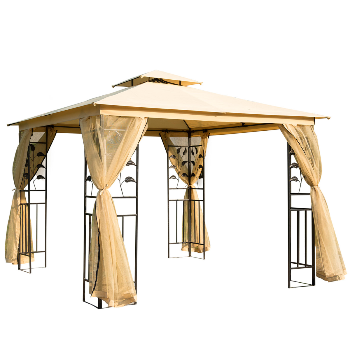 Outsunny 3x3m Double Tier Gazebo with Mesh Sidewalls & Steel Frame – Garden Party Netting Shelter, Beige