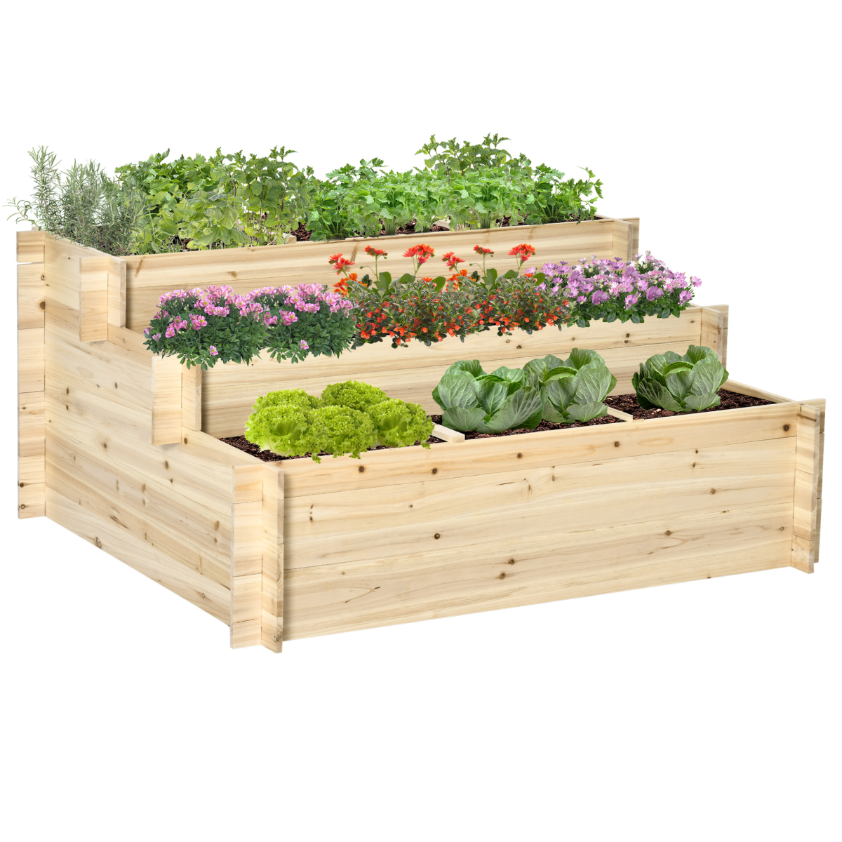 Outsunny 3-Tier Raised Garden Flower Bed with 9 Grow Grids and Non-Woven Fabric Liner – Fir Wood