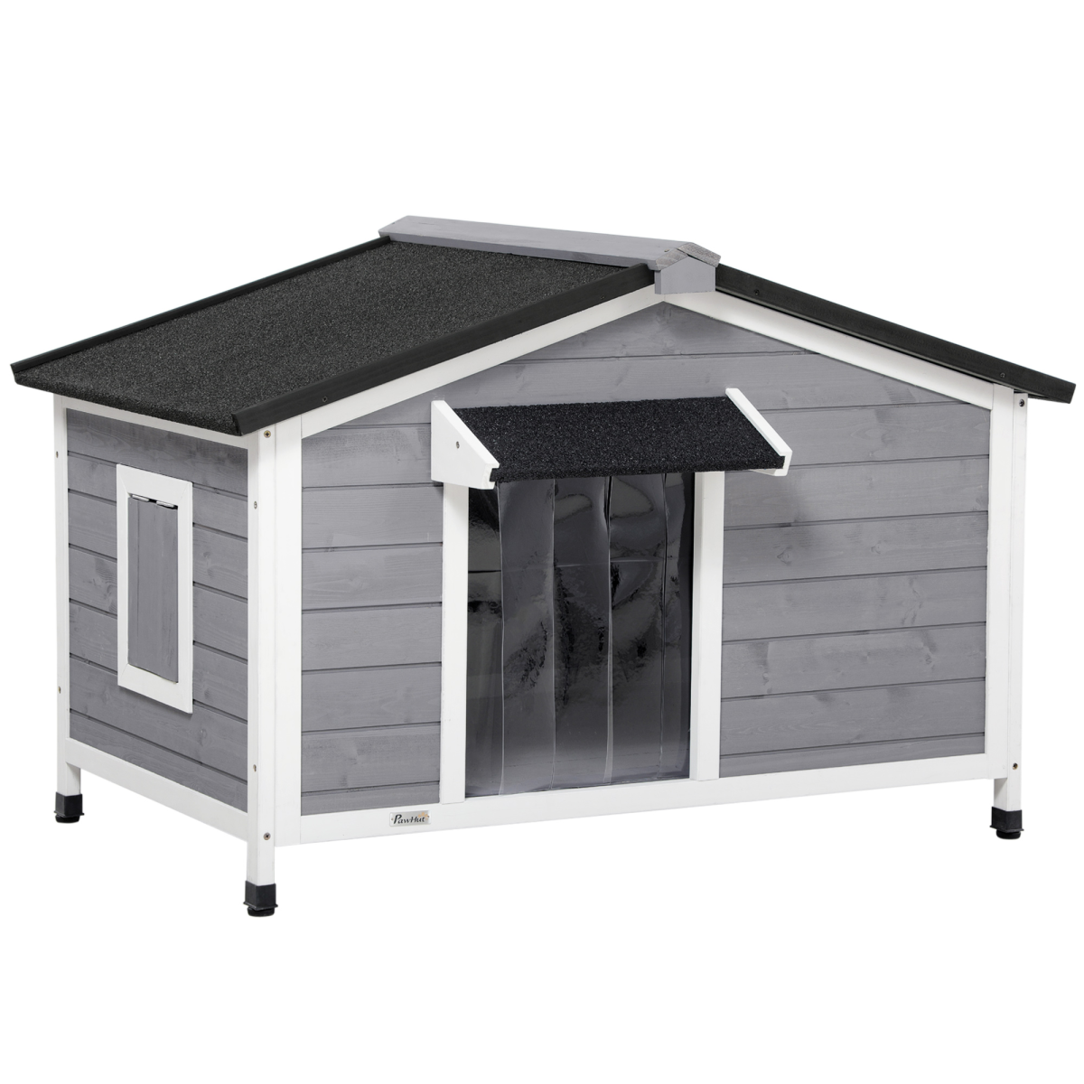 PawHut Large Wooden Dog Kennel for Outside with Door Eaves – Fir Wood Pet House, 109 x 79 x 72 cm, Grey