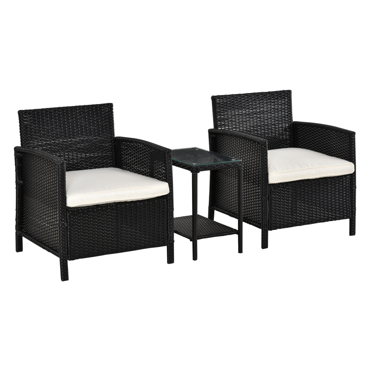 Outsunny 3-Piece PE Rattan Bistro Set with 2 Cushioned Armchairs & Glass Top Table – Garden, Black