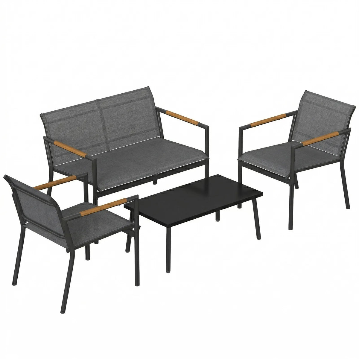 Outsunny 4 Seater Metal Garden Sofa Set – Loveseat, Two Armchairs and Coffee Table with Breathable Mesh Seats, Grey