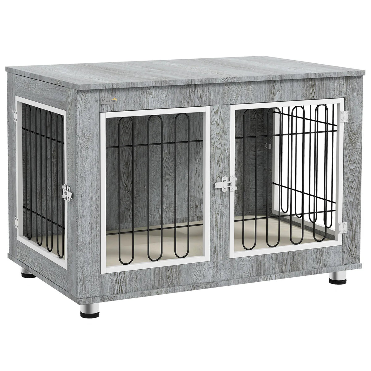 PawHut Dog Crate Furniture End Table with Cushion and Double Doors – Indoor Kennel, Grey