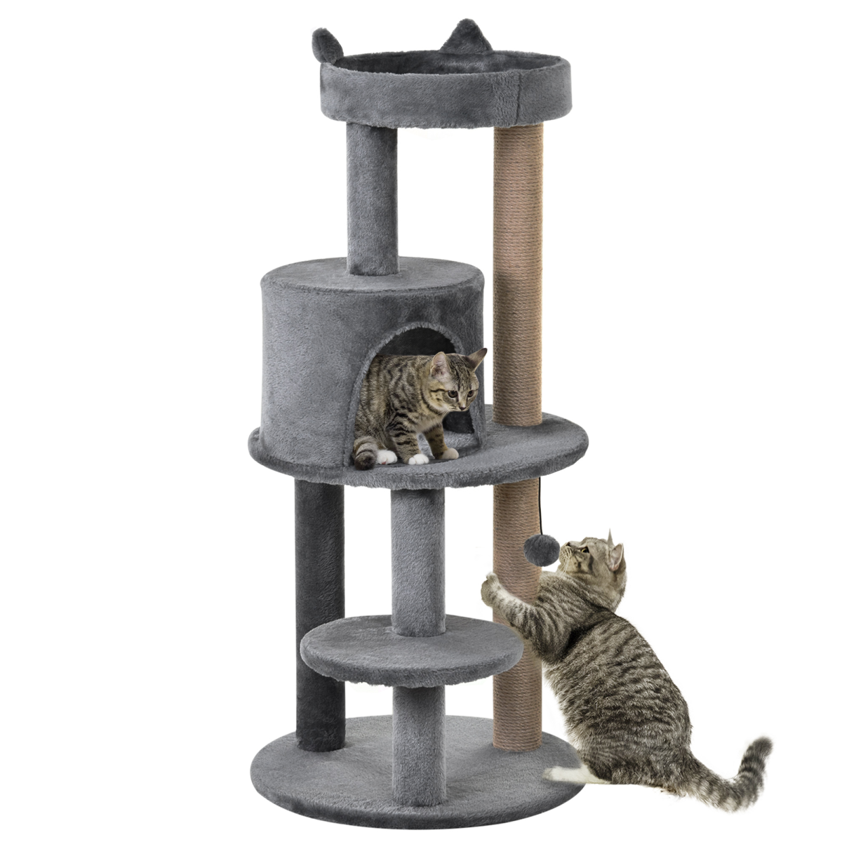 PawHut 104cm Deluxe Cat Activity Tree with Sisal Scratching Posts, Ear Perch, House & Hanging Ball – Grey