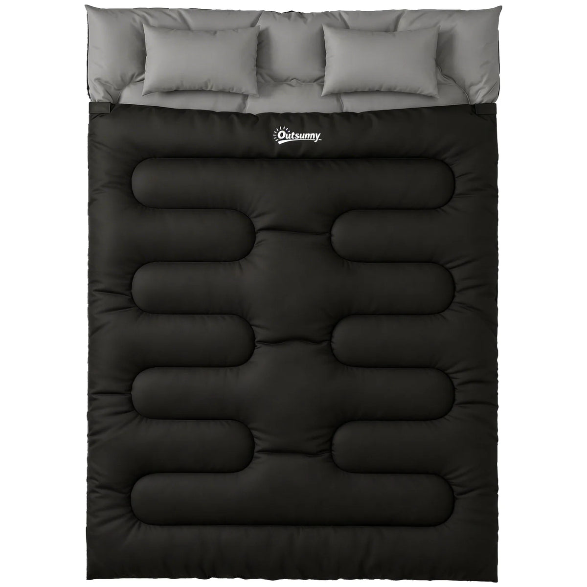 Outsunny Double Sleeping Bag with 2 Pillows, 220 x 160 cm – Extra-Large Convertible Camping Bag for Adults, Black