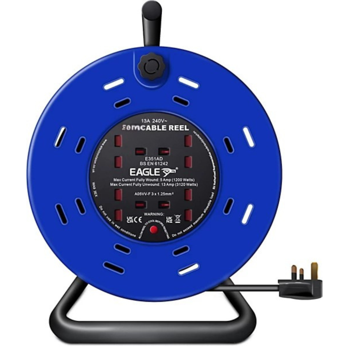 Eagle 4 Socket 15m Cable Extension Reel with Metal A-Frame and Overheat Protection – Workshop & Home Power