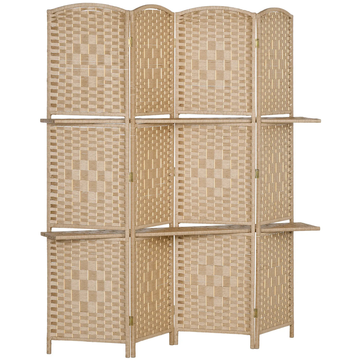 HOMCOM 4 Panel Folding Room Divider with 2 Shelves – Diamond Weave Privacy Screen, 160 x 170cm, Natural