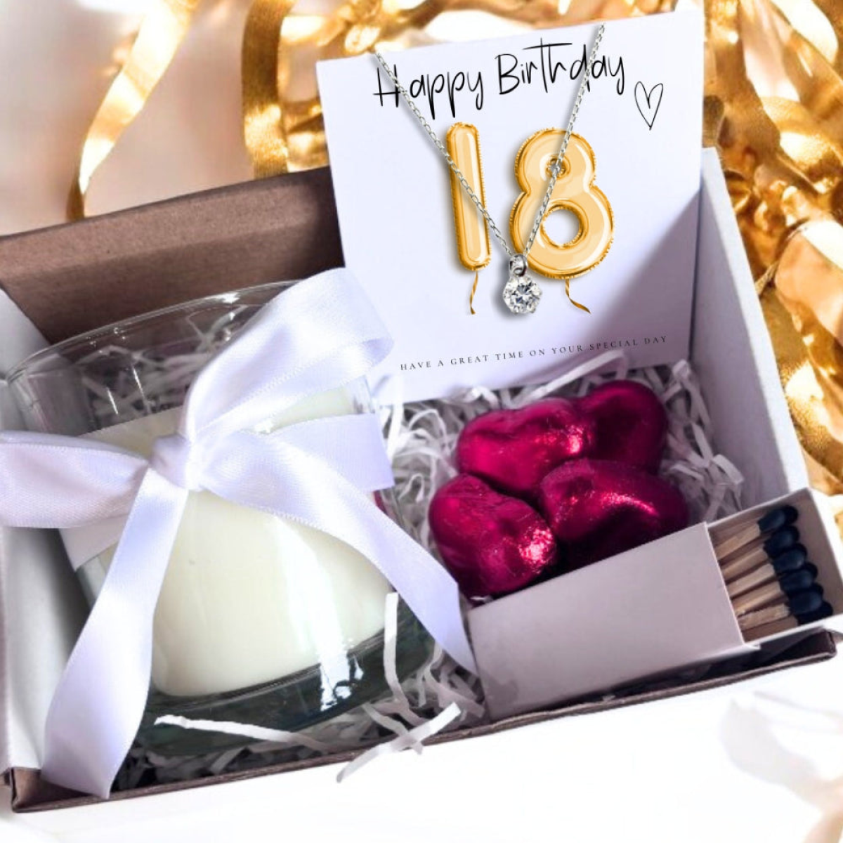 Aye Do Gifts 18th Birthday Gold Balloons Gift Hamper with Sterling Silver Necklace, Linen Candle & Chocolates