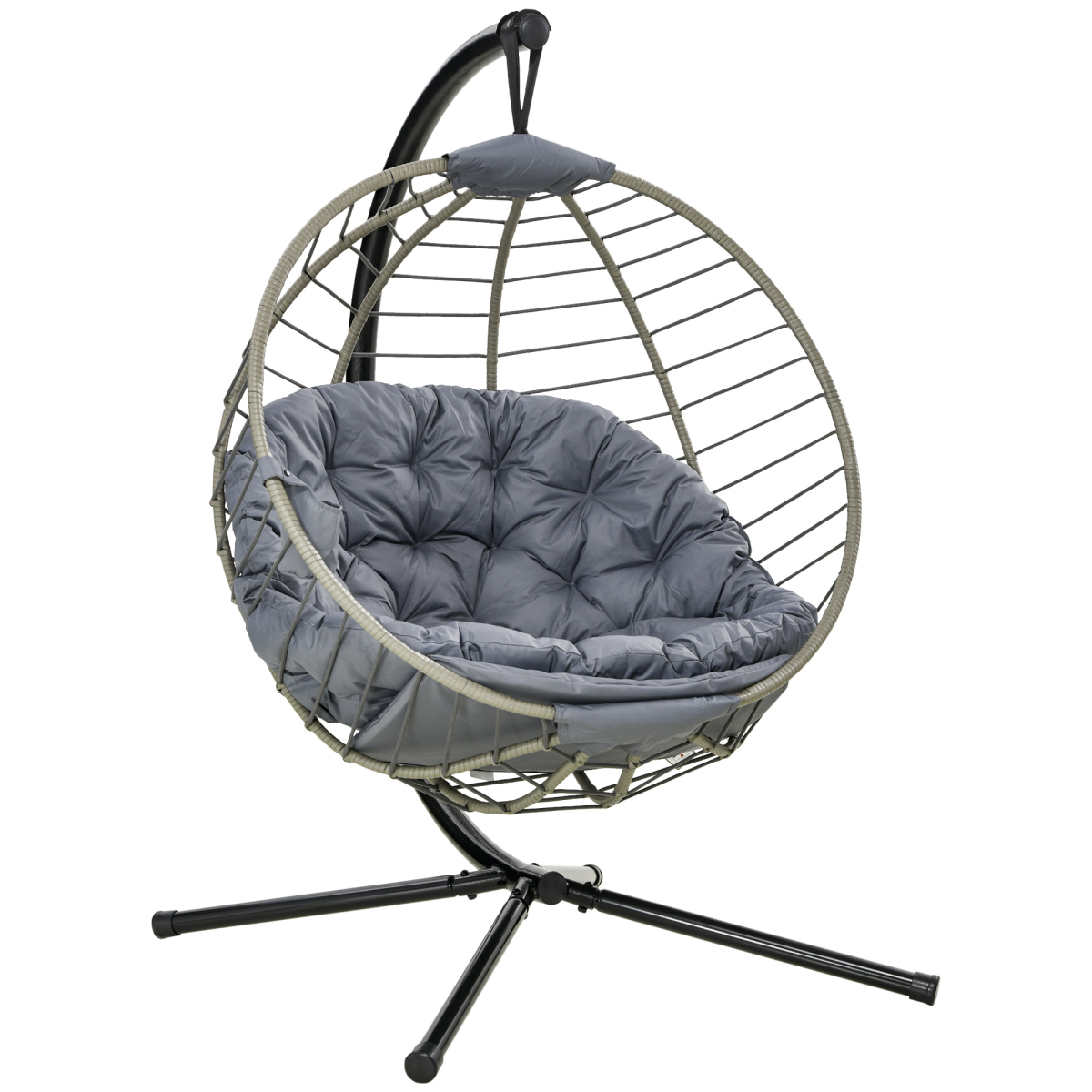 Outsunny PE Rattan Hanging Swing Chair with Stand, Padded Cushion & Cup Holder – Foldable Egg Chair, Grey