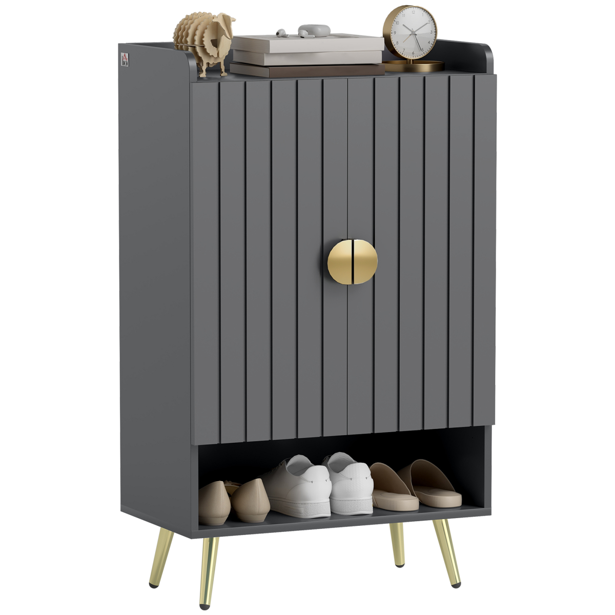 Slim shoe cabinet with gold handles