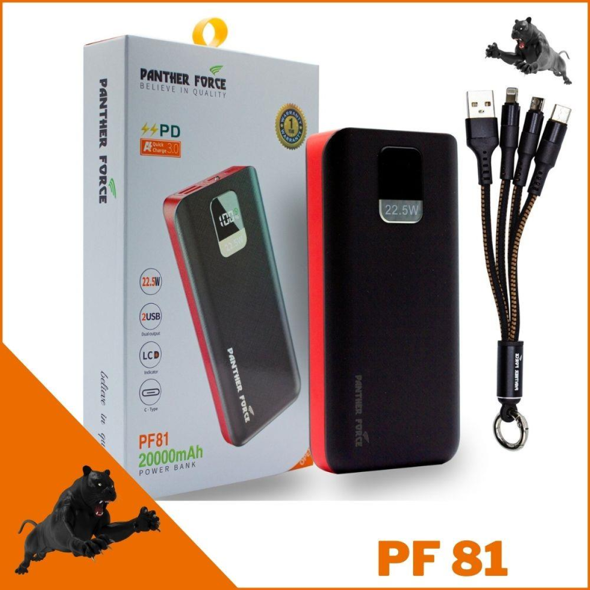 Panther Force PF81 20000mAh Power Bank with PD3.0 22.5W Fast Charging – 3 Outputs, LED Indicator, USB-C Input