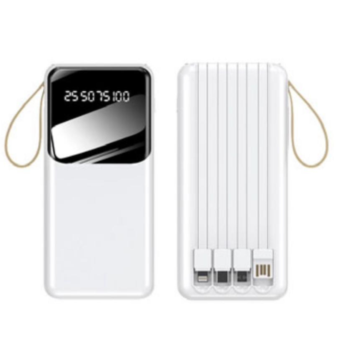WYEFLUX 10000mAh Portable Power Bank with Built-In Cables and LED Lights – Compact On-the-Go Charger, White