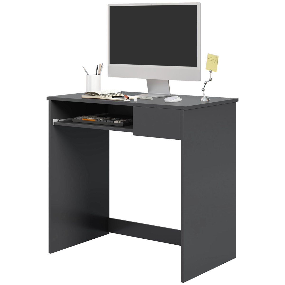HOMCOM Compact Computer Desk with Keyboard Tray and Drawer, 80cm – Particle Board Study and Office Workstation, Grey