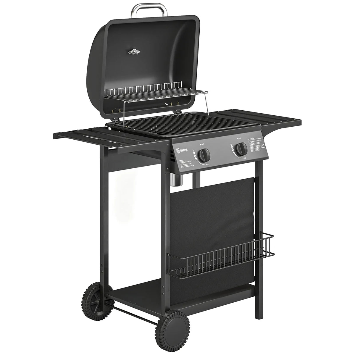 Outsunny 2-Burner Gas BBQ Grill – 2 x 2.5kW Burners with Side Tables, Warming Rack, Thermometer and Grease Tray, Black