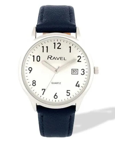 Ravel Men's Silver-Tone Dated Watch with Silver Dial and Black Faux Leather Strap