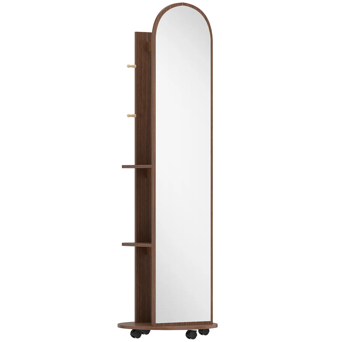 HOMCOM 2-in-1 Full Length Mirror with Storage Shelves, Floor Mirror with 4 Wheels, Coat Rack, Hooks