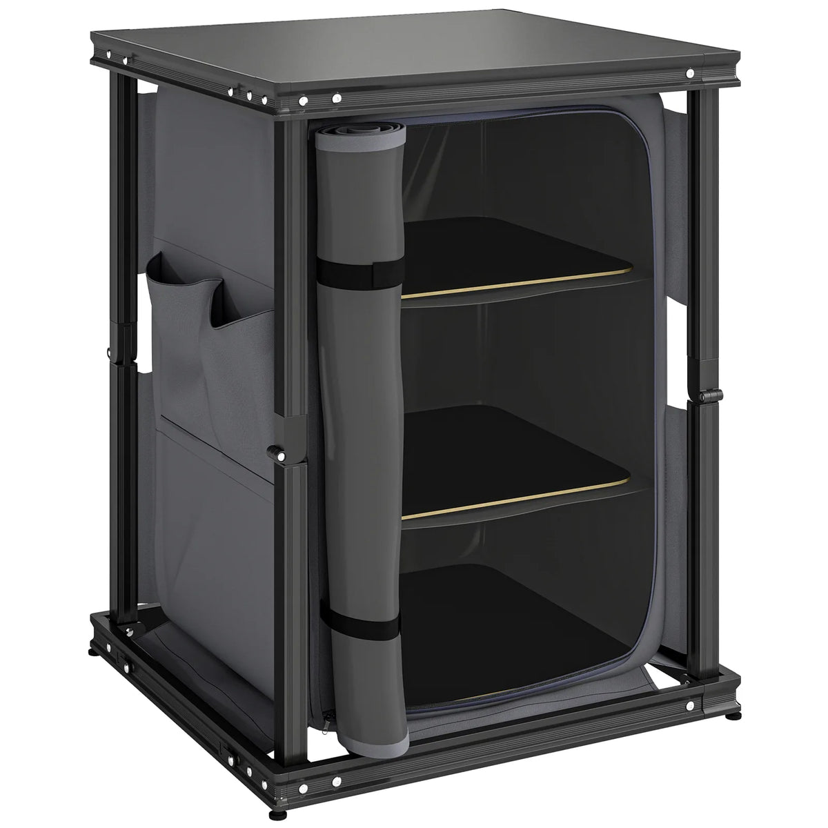 Outsunny Folding Camping Kitchen Cupboard with 3-Tier Storage and Adjustable Feet – Aluminium, Black