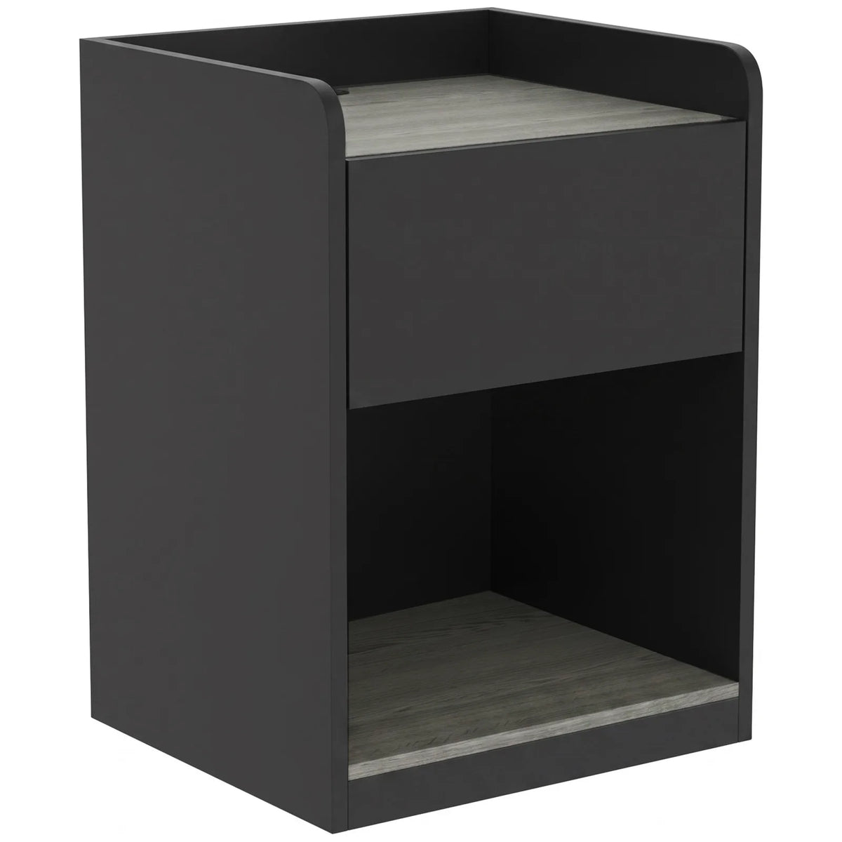 HOMCOM Modern Slim Bedside Table with Drawer, Shelf & Cable Holes – Nightstand, Black and Grey Wood Effect