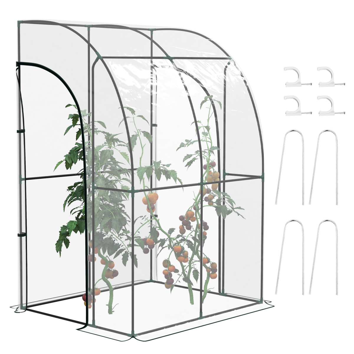 Outsunny Walk-in Lean-to Wall Greenhouse, 143 x 118 x 212cm, with Zipped Doors – Plastic Cover, Steel Frame