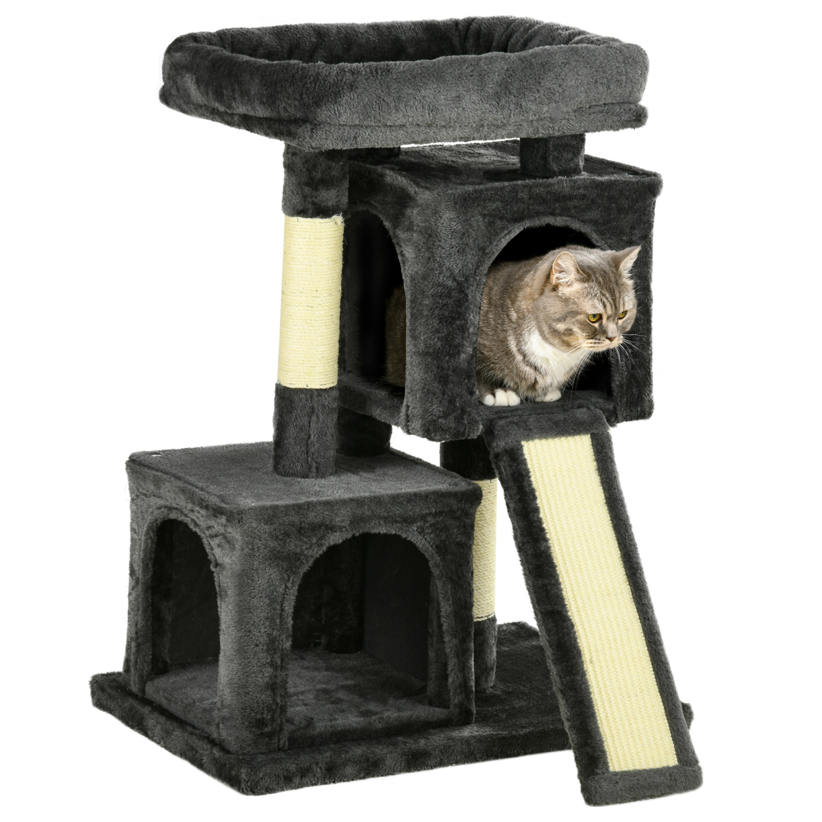 PawHut Cat Activity Tree with 2 Houses, Cushioned Perch and Sisal Scratching Posts – Indoor Cat Tower, Black