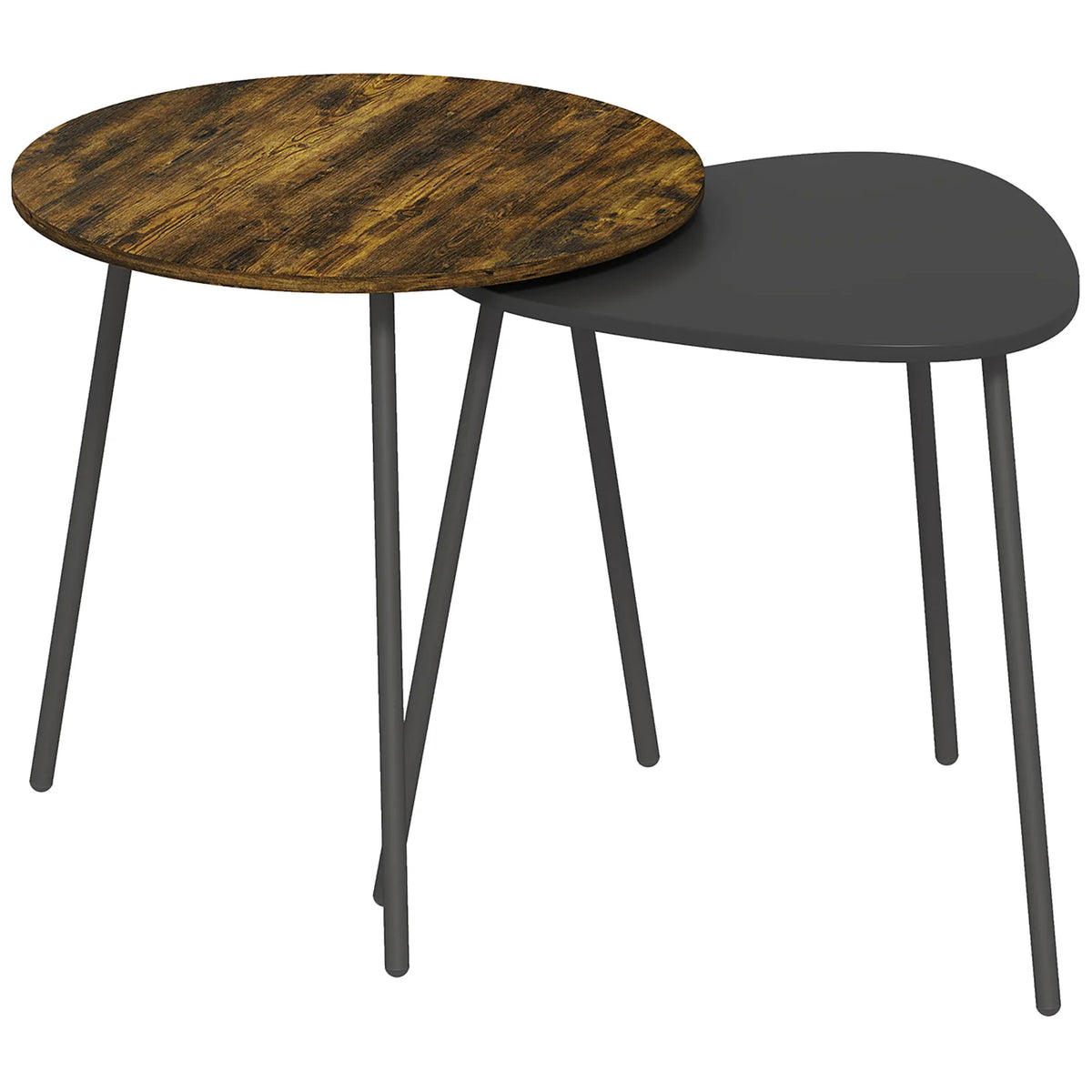 HOMCOM Nesting Side Table Set of 2 with Round and Triangle Tables – Space-Saving Metal Leg Design, Rustic Brown