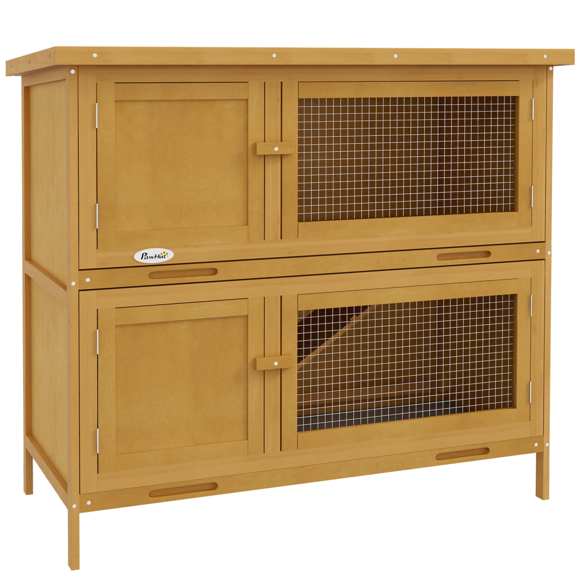 PawHut Double Decker Wooden Rabbit Hutch with Ramp, Trays and Asphalt Roof – Outdoor Bunny Cage, Yellow