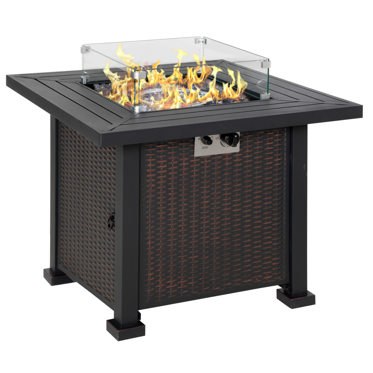 Outsunny Outdoor Propane Gas Fire Pit Table with Glass Wind Screen & Glass Beads, 50,000 BTU – Black