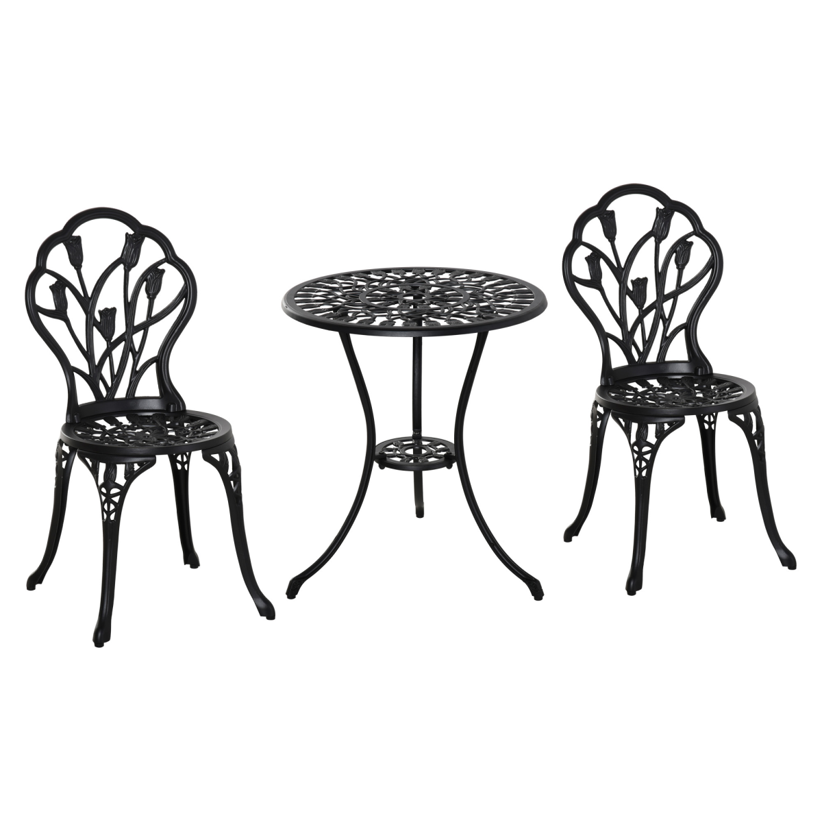 Outsunny 3-Piece Aluminium Bistro Set with 2 Chairs, Round Table & Umbrella Hole – Tulip Design Garden Furniture, Black