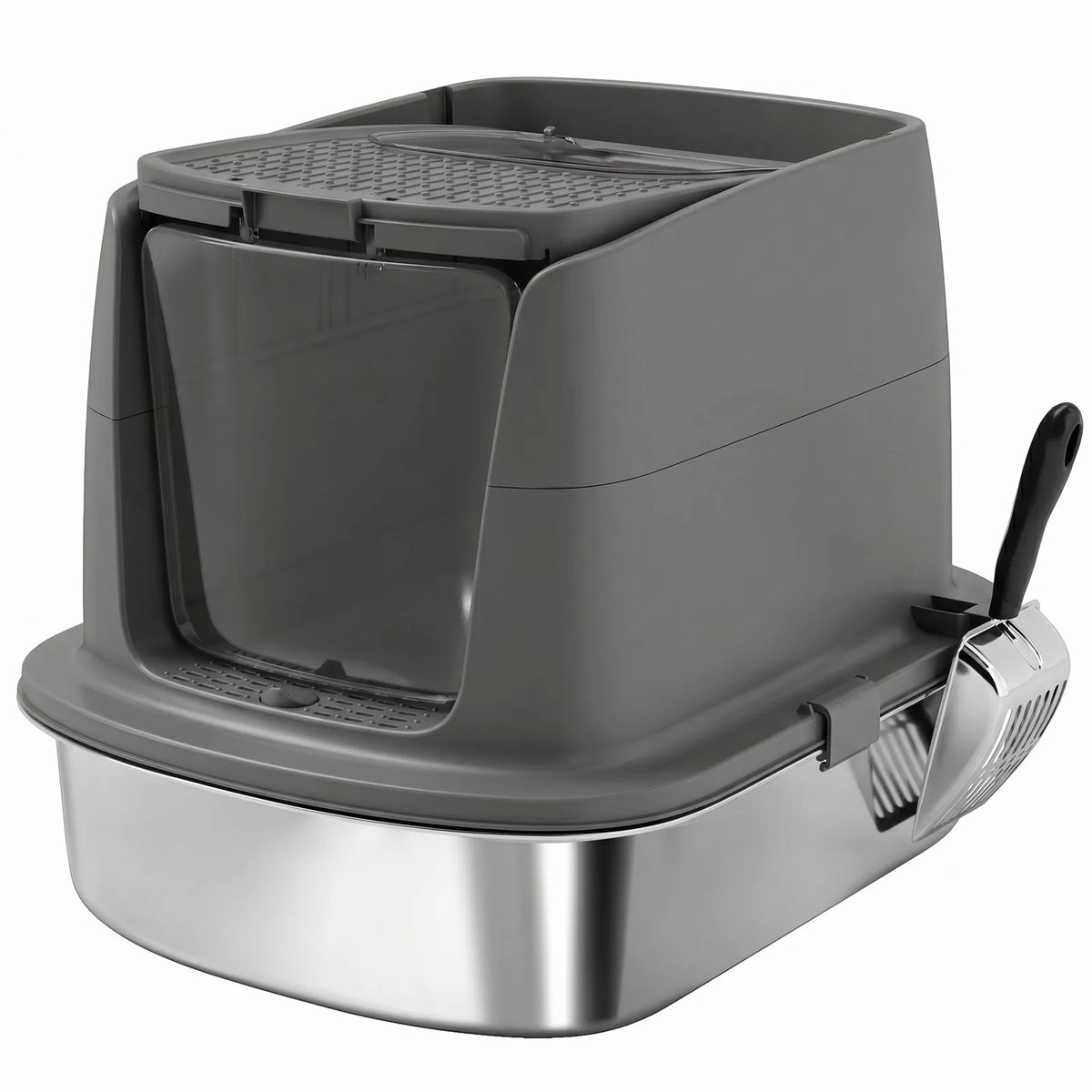 PawHut Large Stainless Steel Cat Litter Box with Lid, Scoop and Deodoriser Bag – Front Entry, Top Exit