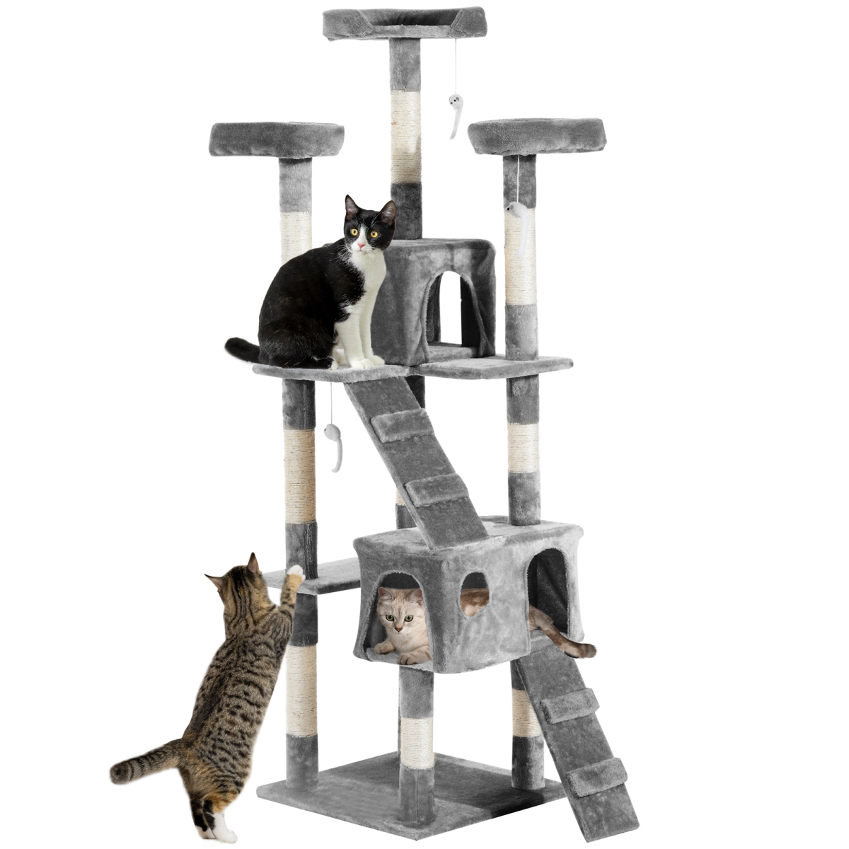 PawHut Tall Cat Tree Activity Centre with Condos, Perches, Sisal Scratching Post and Dangling Toys, 170 cm, Grey