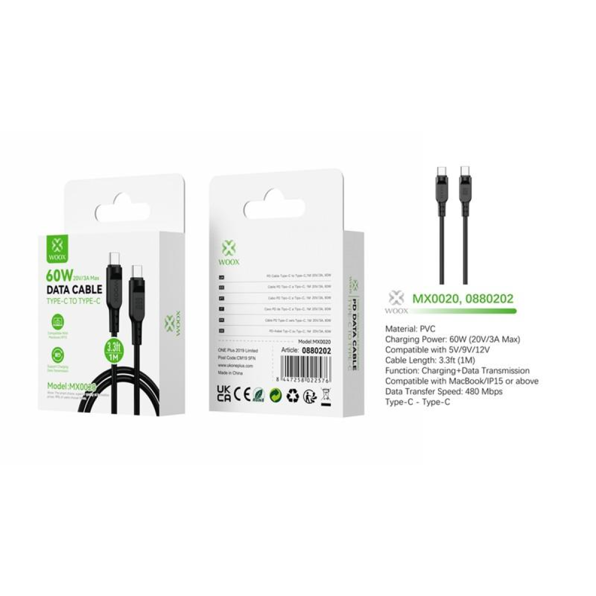 Woox MX0020 USB-C to USB-C Data Cable, 60W Power Delivery, 1m – Durable PVC, Black