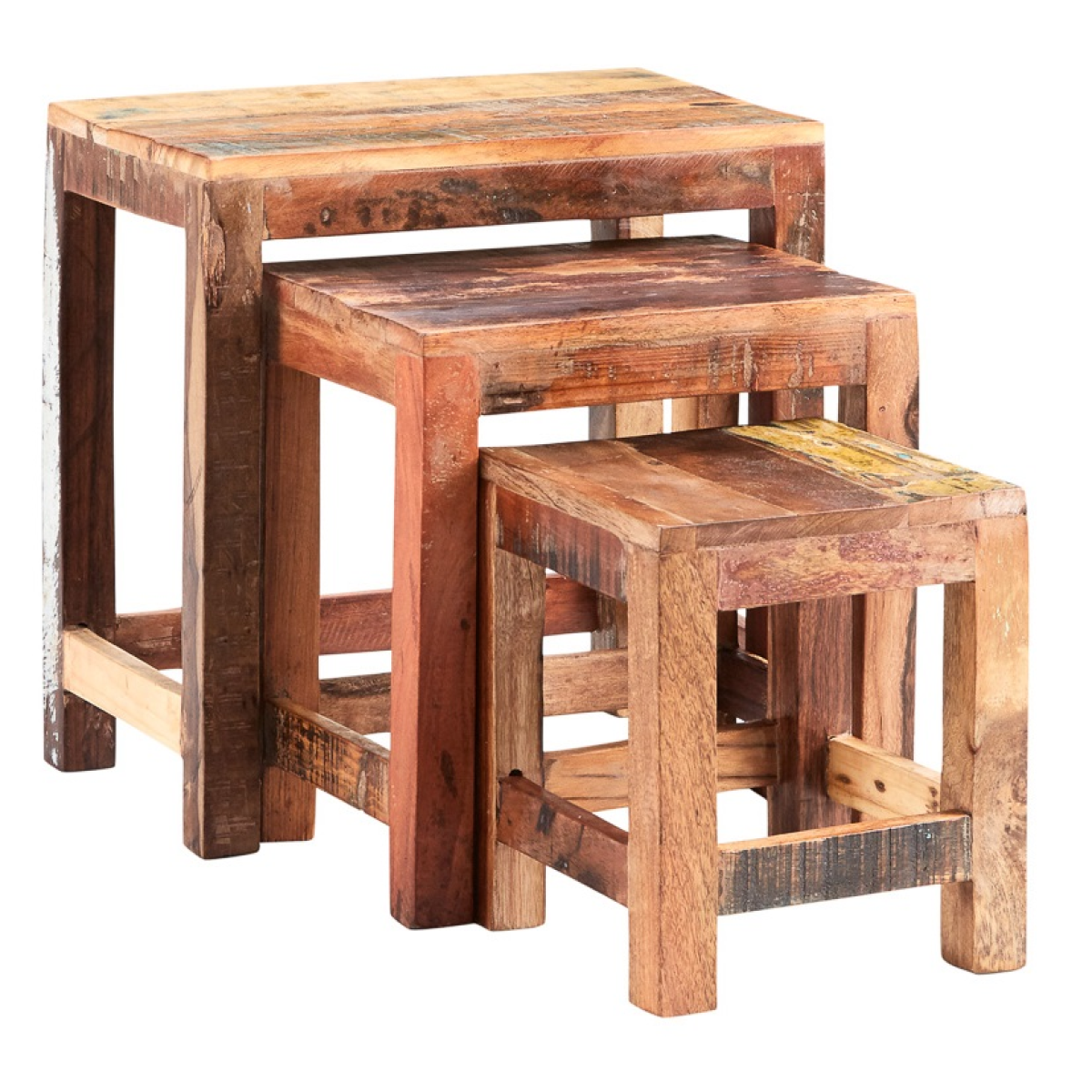 Indian Hub Coastal Nest of 3 Tables in Solid Reclaimed Wood – Hand Finished, Fully Assembled