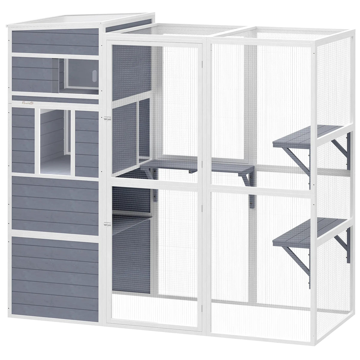 PawHut 4-Tier Wooden Catio Outdoor Cat Enclosure with Sun Roof, Resting Rooms, 3 Platforms & Window, Grey