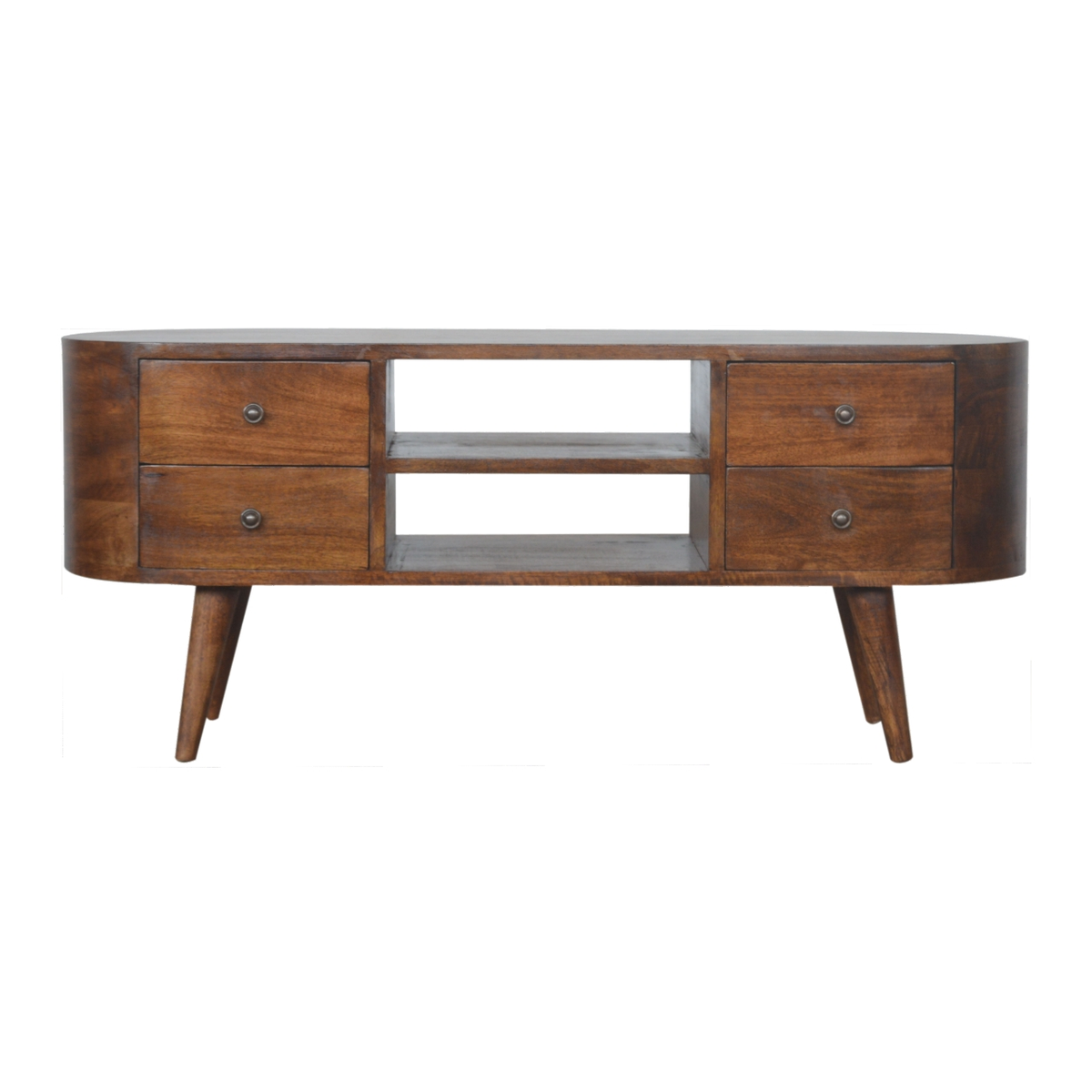 Artisan Furniture Rounded Media Unit in Solid Mango Wood, 4 Drawers & 2 Open Slots – Living Room, Chestnut