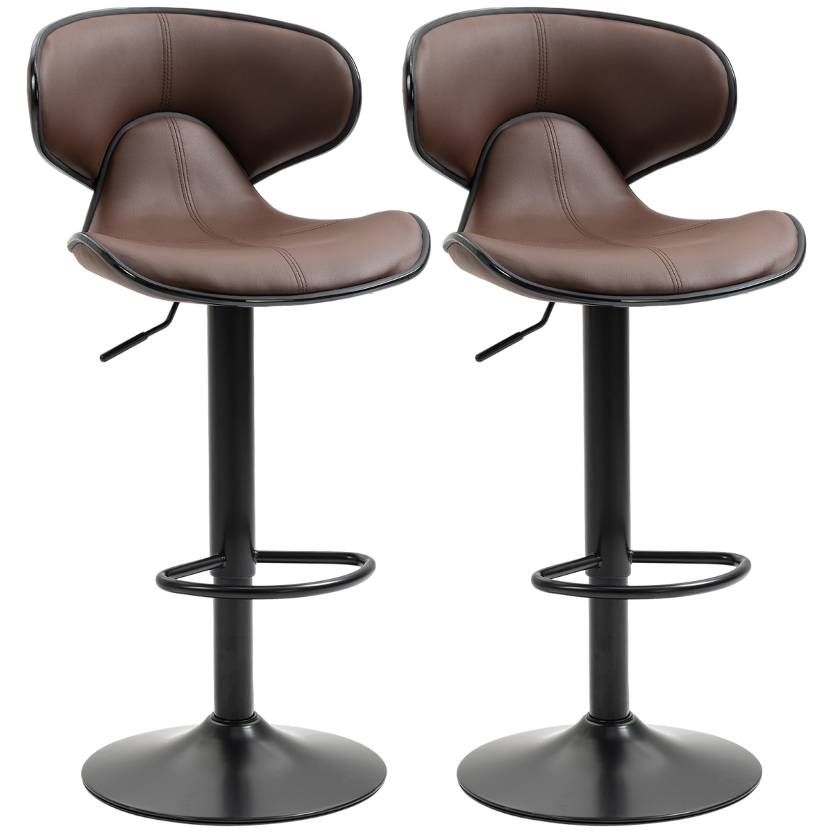HOMCOM Set of 2 Swivel Bar Stools with Backrest & Footrest – Gas Lift, Faux Leather, Brown