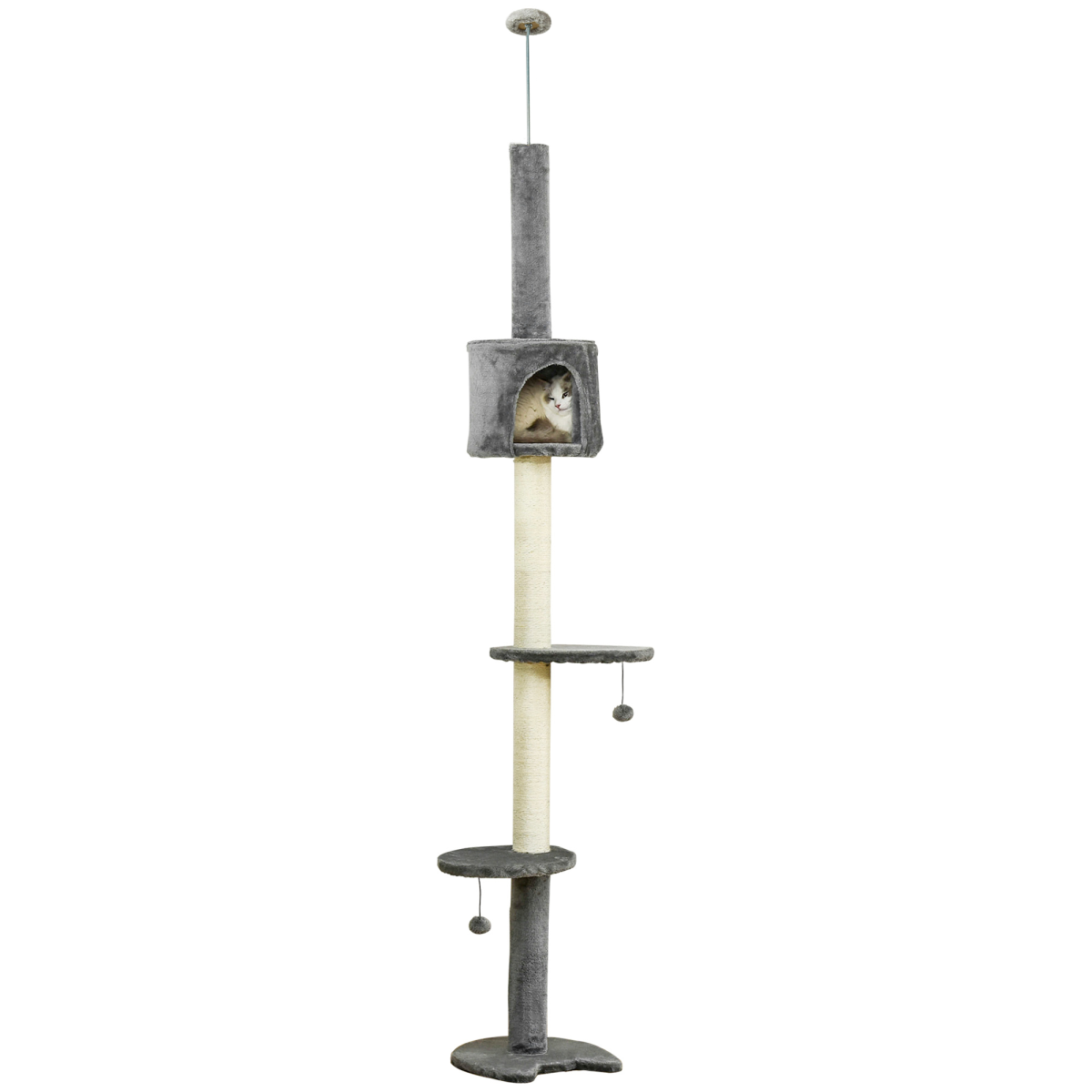 Pawhut Multi-Floor Cat Tree with Scratching Post, Plush Cat Box and Toy Balls – Pet Playhouse, Light Grey