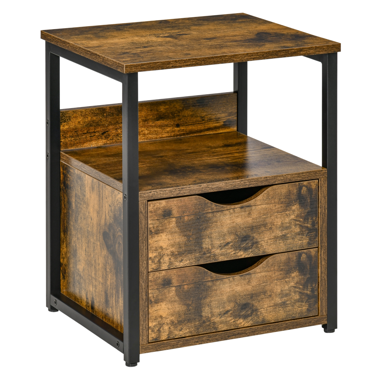 HOMCOM Industrial End Table with Two Drawers & Shelf, Metal Frame – Slim Bedside Storage Cabinet, Rustic Brown