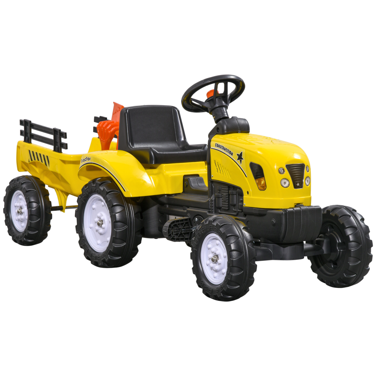 HOMCOM Kids Pedal Go Kart Ride-On Tractor with Trailer, Shovel & Rake – Four-Wheel Toy, Yellow and Black