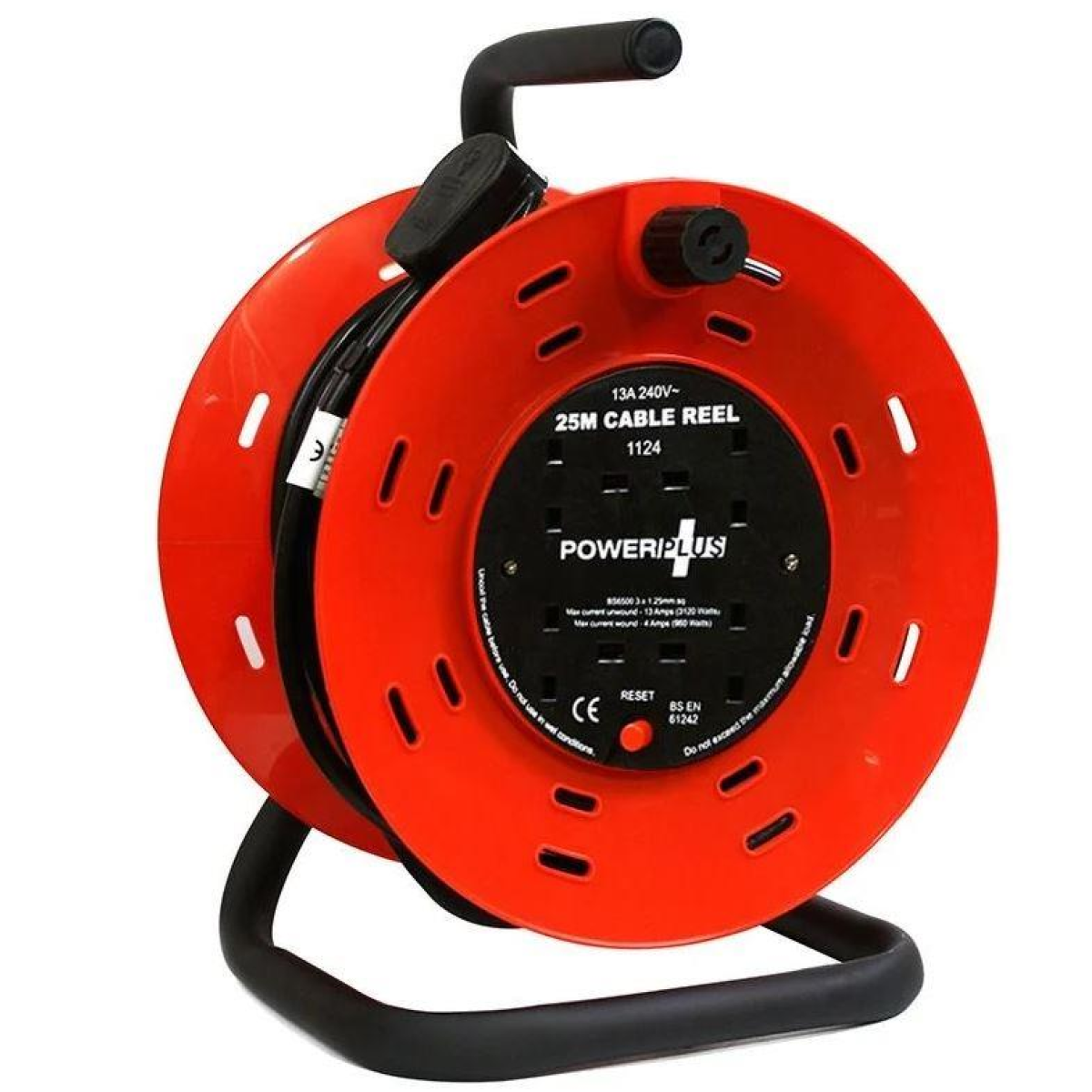 PowerPlus 25m 4 Way Extension Cable Reel with Thermal Cut-Out – Robust Steel Construction, 13A 240V