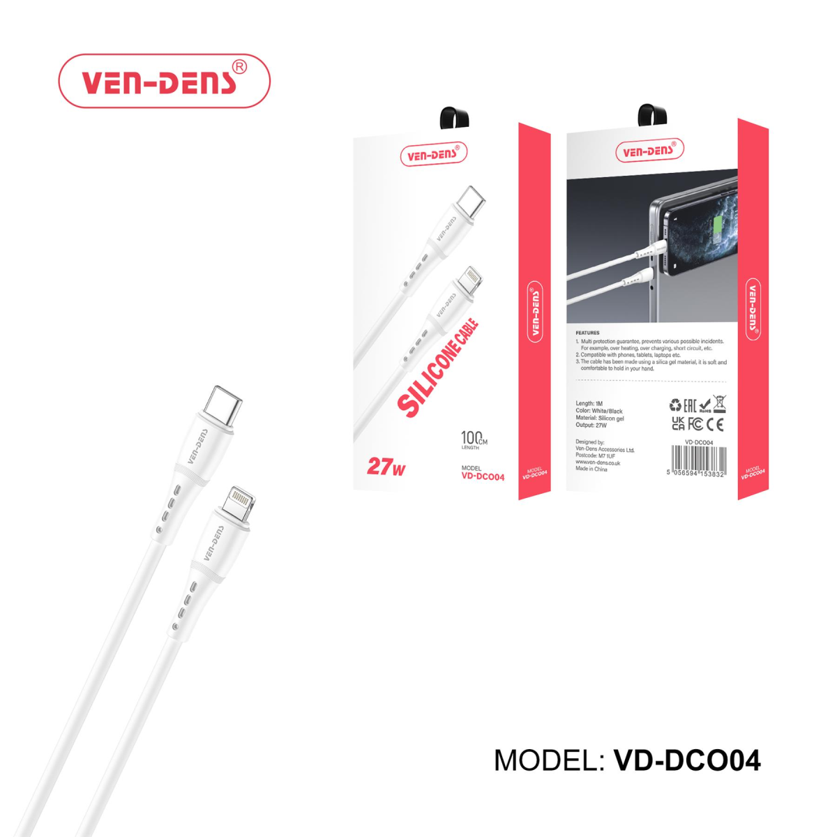 Ven-Dens 27W Silicone USB-C to Lightning Charging Cable, 1m – Fast Charging iPhone Lead