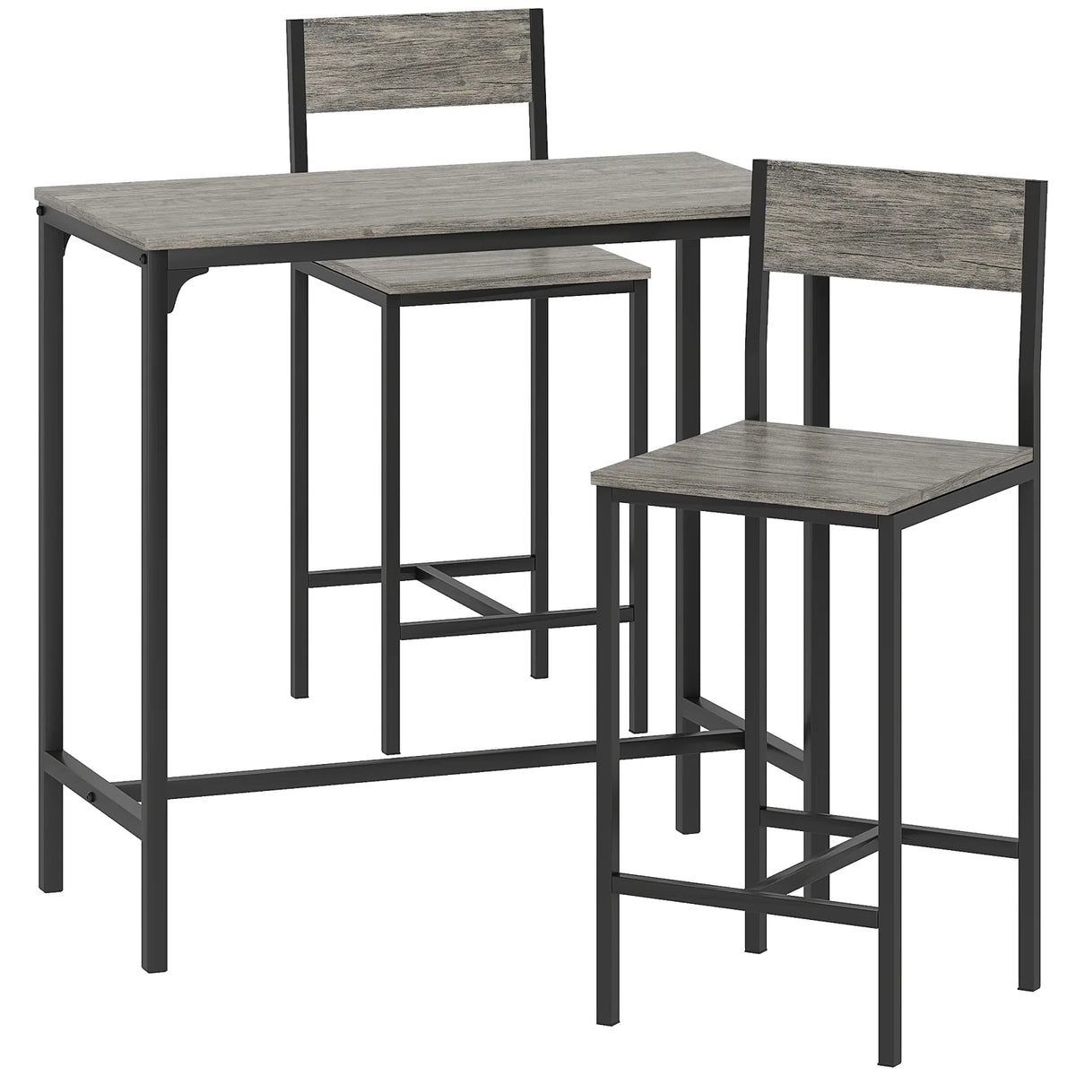 HOMCOM 3-Piece Industrial Bar Table Set with 2 Stools, Backrest and Footrest – Space-Saving, Charcoal Grey